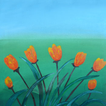 Картина под названием "Tulips in the Wind" - Wasantha Ranjan, Подлинное произведение искусства, Акрил Установлен на Деревянн…