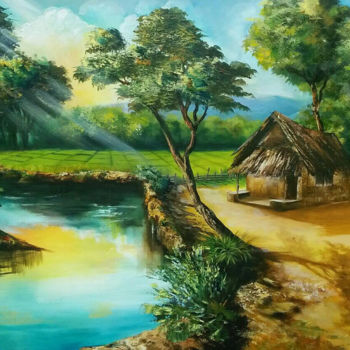 Картина под названием "Village Dream" - Wasantha Ranjan, Подлинное произведение искусства, Акрил Установлен на Деревянная ра…