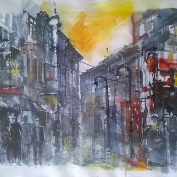 Painting titled "Downtown" by Watercolorist Lorand Sipos, Original Artwork, Watercolor