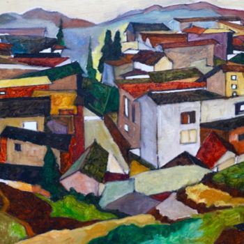 Painting titled "Red Village" by Wei Pan, Original Artwork, Oil