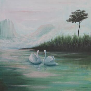 Painting titled "deux cygnes" by Wendy Maggi, Original Artwork, Acrylic Mounted on Wood Stretcher frame