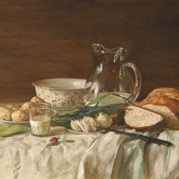 Peinture intitulée "Натюрморт с хлебом…" par Iurii Pantsyrev, Œuvre d'art originale, Huile