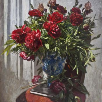 Картина под названием "Красные пионы" - Юрий Панцырев, Подлинное произведение искусства, Масло