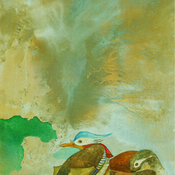 Painting titled "Les  canards mandar…" by Wenwu Wen, Original Artwork, Oil