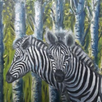 Malerei mit dem Titel "ZEBRAS IM BIRKENWAL…" von Weralgos, Original-Kunstwerk, Öl