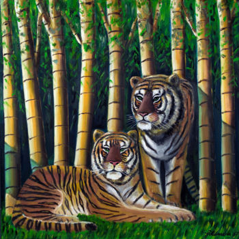 Painting titled "Tiger im Bambus" by Weralgos, Original Artwork, Oil