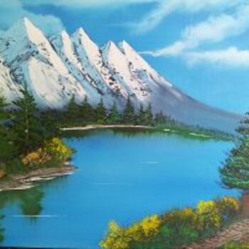 Malerei mit dem Titel "Berge am See" von Werner Stropnik, Original-Kunstwerk, Öl