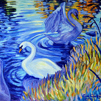 Painting titled "swans 5" by Eva Carty, Original Artwork, Oil Mounted on Wood Stretcher frame