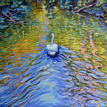 Painting titled "Swan 9" by Eva Carty, Original Artwork, Oil Mounted on Wood Stretcher frame