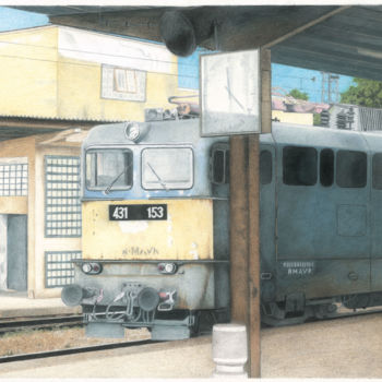 Dessin intitulée "Un train à budapest" par Wilfrid Barbier, Œuvre d'art originale, Crayon Monté sur Carton