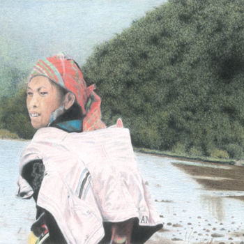 Disegno intitolato "Jeune mère vietnami…" da Wilfrid Barbier, Opera d'arte originale, Matita