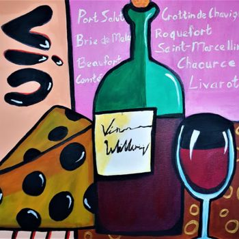Schilderij getiteld "Vin et Fromage" door Willemijn Mensens, Origineel Kunstwerk, Acryl
