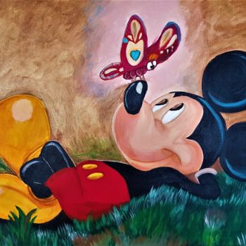 Schilderij getiteld "Mickey met vlinder" door Willemijn Mensens, Origineel Kunstwerk, Acryl