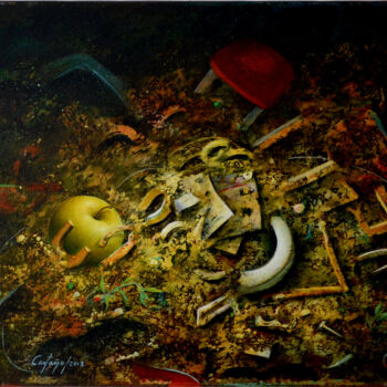 Painting titled "Futur-Land" by William Castaño, Original Artwork, Oil Mounted on Wood Stretcher frame
