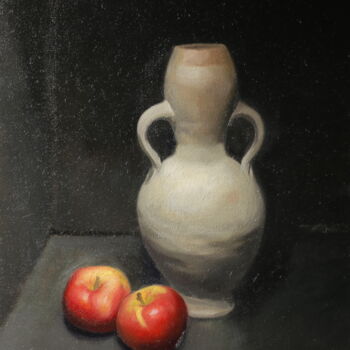 Painting titled "anfora con manzanas" by Wilson Guevara, Original Artwork, Oil Mounted on Wood Stretcher frame