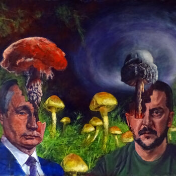 Schilderij getiteld "War of the Mushrooms" door Wim Carrette, Origineel Kunstwerk, Olie