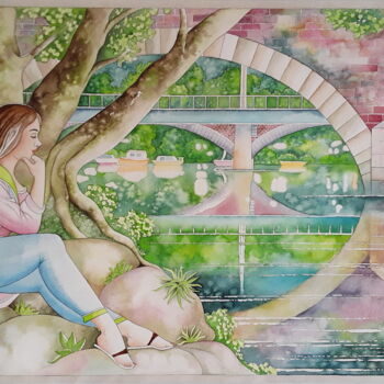 Ζωγραφική με τίτλο "Girl by the Riversi…" από Winfried Musial, Αυθεντικά έργα τέχνης, Ακουαρέλα