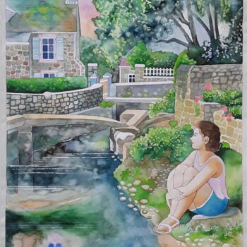 Painting titled "Girl at the Village…" by Winfried Musial, Original Artwork, Watercolor