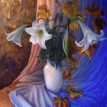 Schilderij getiteld "Lilien mit Weinblät…" door Wladimir Lewtschenko, Origineel Kunstwerk, Olie