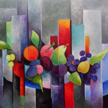 Peinture intitulée "corbeille-de-fruits" par Martine Woellet, Œuvre d'art originale, Huile