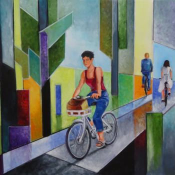 Painting titled "à bicyclette" by Martine Woellet, Original Artwork, Oil