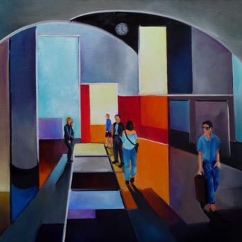 Peinture intitulée "quai de gare" par Martine Woellet, Œuvre d'art originale, Huile