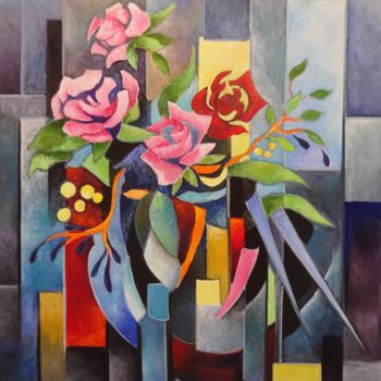 Painting titled "roses" by Martine Woellet, Original Artwork, Oil