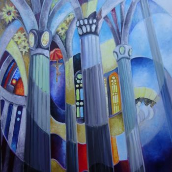 Painting titled "la Sagrada Familia" by Martine Woellet, Original Artwork, Oil Mounted on Wood Stretcher frame