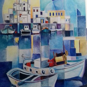 Painting titled "En Grèce" by Martine Woellet, Original Artwork, Oil