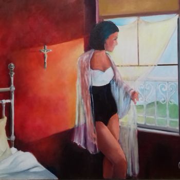 Painting titled "l'attente" by Martine Woellet, Original Artwork, Oil Mounted on Wood Stretcher frame