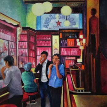 Painting titled "Au Pub" by Martine Woellet, Original Artwork, Oil Mounted on Wood Stretcher frame