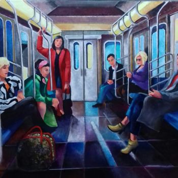 Painting titled "dans le métro" by Martine Woellet, Original Artwork, Oil Mounted on Wood Stretcher frame