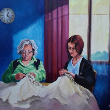 Painting titled "Brodeuses confinées" by Martine Woellet, Original Artwork, Oil Mounted on Wood Stretcher frame