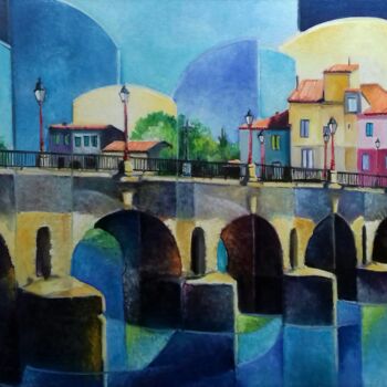 Painting titled "le pont romain de S…" by Martine Woellet, Original Artwork, Oil Mounted on Wood Stretcher frame