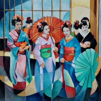 「les Geishas」というタイトルの絵画 Martine Woelletによって, オリジナルのアートワーク, オイル ウッドストレッチャーフレームにマウント