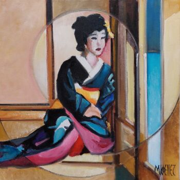 Painting titled "geisha assise" by Martine Woellet, Original Artwork, Oil