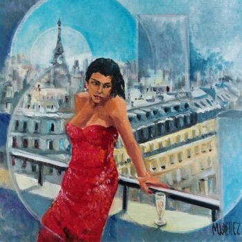 Peinture intitulée ""soirée Parisienne"" par Martine Woellet, Œuvre d'art originale, Huile Monté sur Châssis en bois