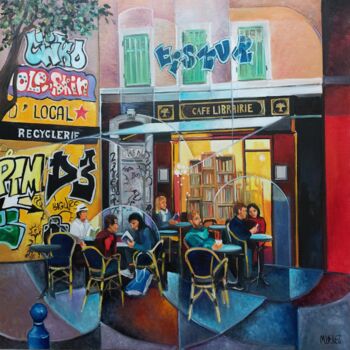 Painting titled "Café librairie à Ma…" by Martine Woellet, Original Artwork, Oil Mounted on Wood Stretcher frame