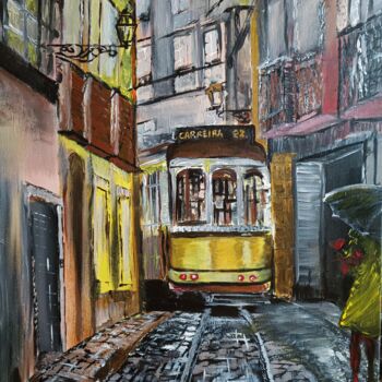 Peinture intitulée "Yellow Tram" par Wojciech Adalberto, Œuvre d'art originale, Acrylique