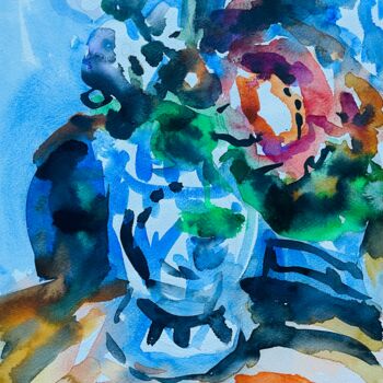 Pintura intitulada "Blumen in blau weiß…" por Wolfgang Schlüter, Obras de arte originais, Aquarela