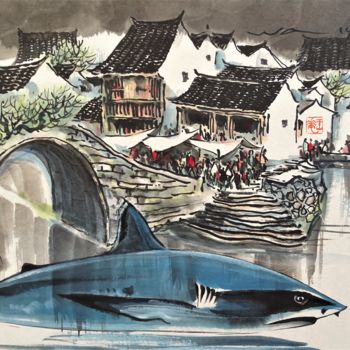 Painting titled "Requin dans le vill…" by Wa Wong, Original Artwork, Ink