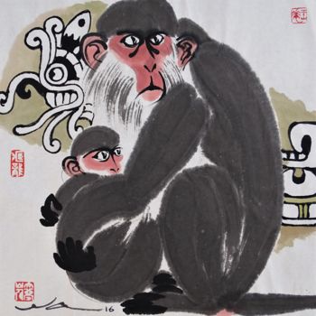 「Singe en terre inco…」というタイトルの絵画 Wa Wongによって, オリジナルのアートワーク, インク