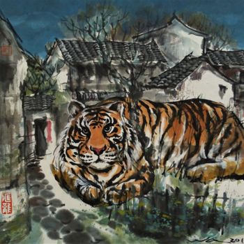 Peinture intitulée "Tigre dans la ville" par Wa Wong, Œuvre d'art originale, Encre