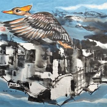 Peinture intitulée "Oiseau dans la ville" par Wa Wong, Œuvre d'art originale, Encre
