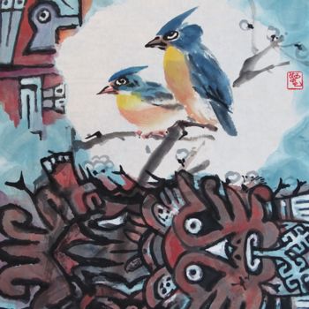 Peinture intitulée "Oiseaux & Mayas" par Wa Wong, Œuvre d'art originale, Encre