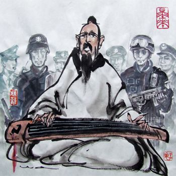 Peinture intitulée "Le musicien" par Wa Wong, Œuvre d'art originale, Encre