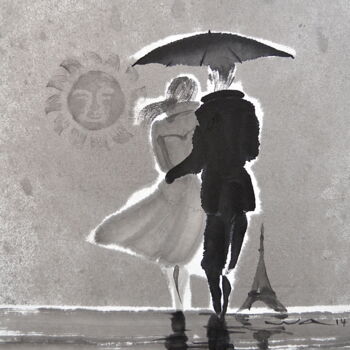 「Couple sous la pluie」というタイトルの絵画 Wa Wongによって, オリジナルのアートワーク, インク