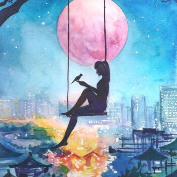 Malerei mit dem Titel "Lilac Moon" von Valentina Garmatiuk (Wowvalentine), Original-Kunstwerk, Aquarell