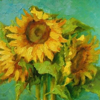 Painting titled "Sunflowers on blue" by Oxana Cherkassova, Original Artwork