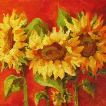 Painting titled "Sunflowers in red" by Oxana Cherkassova, Original Artwork